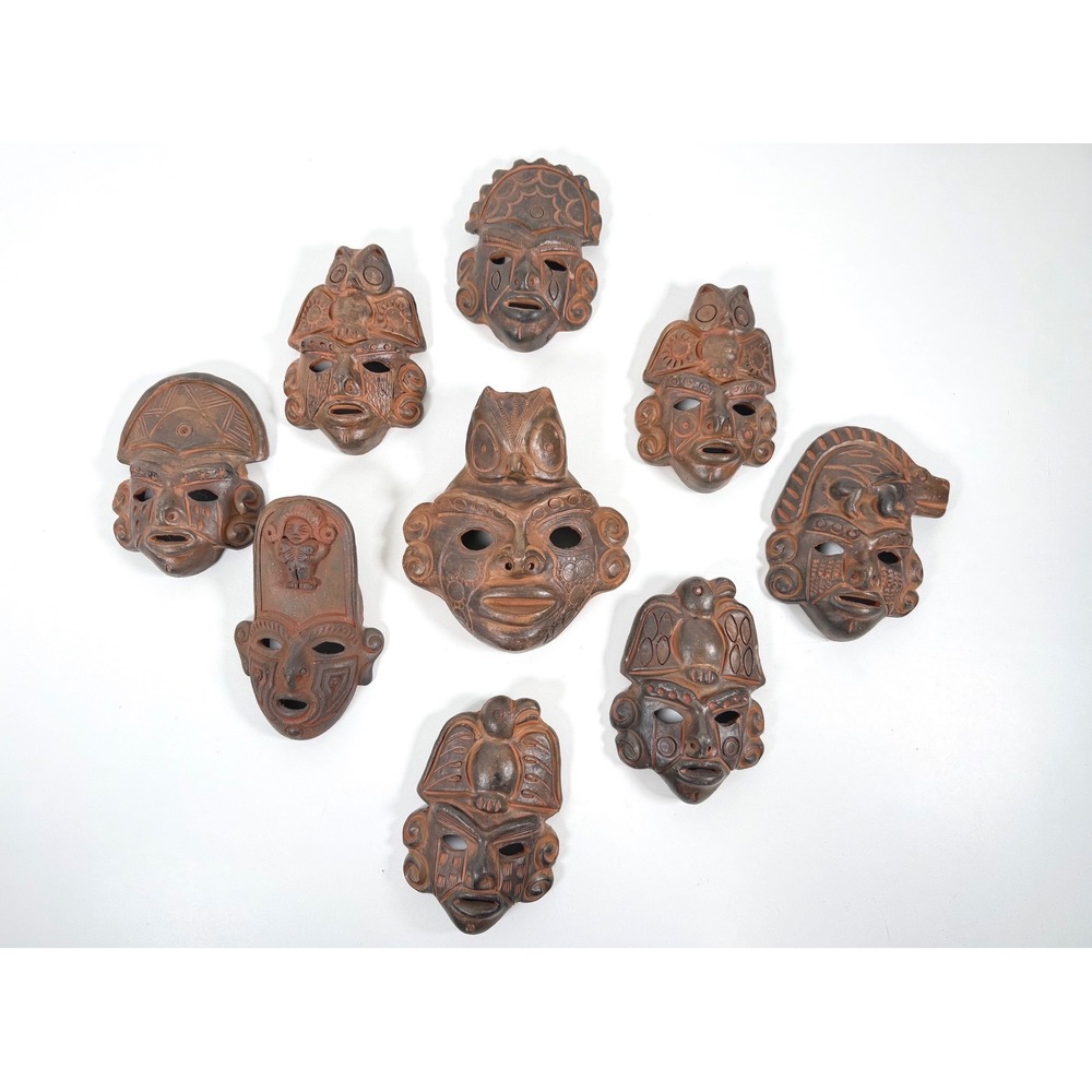 9 Vintage Terracotta Clay Tribal Masks Hand Carved Asian Global Wall Art Decor